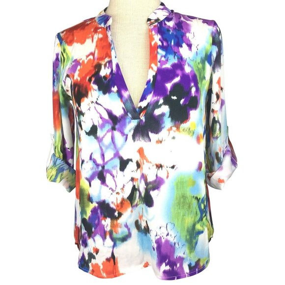 Chelsea Taylor Womens Top Size S Watercolor V-neck Tab Slvs Hi Low Hem Colorful - Picture 2 of 11